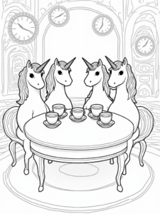 A coloring page of Unicorns in a time-traveling tea room