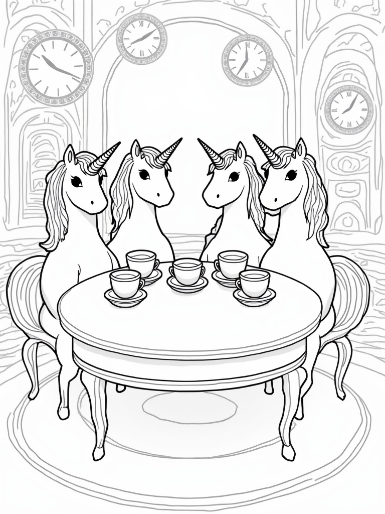 Unicorns in a time-traveling tea room coloring pages