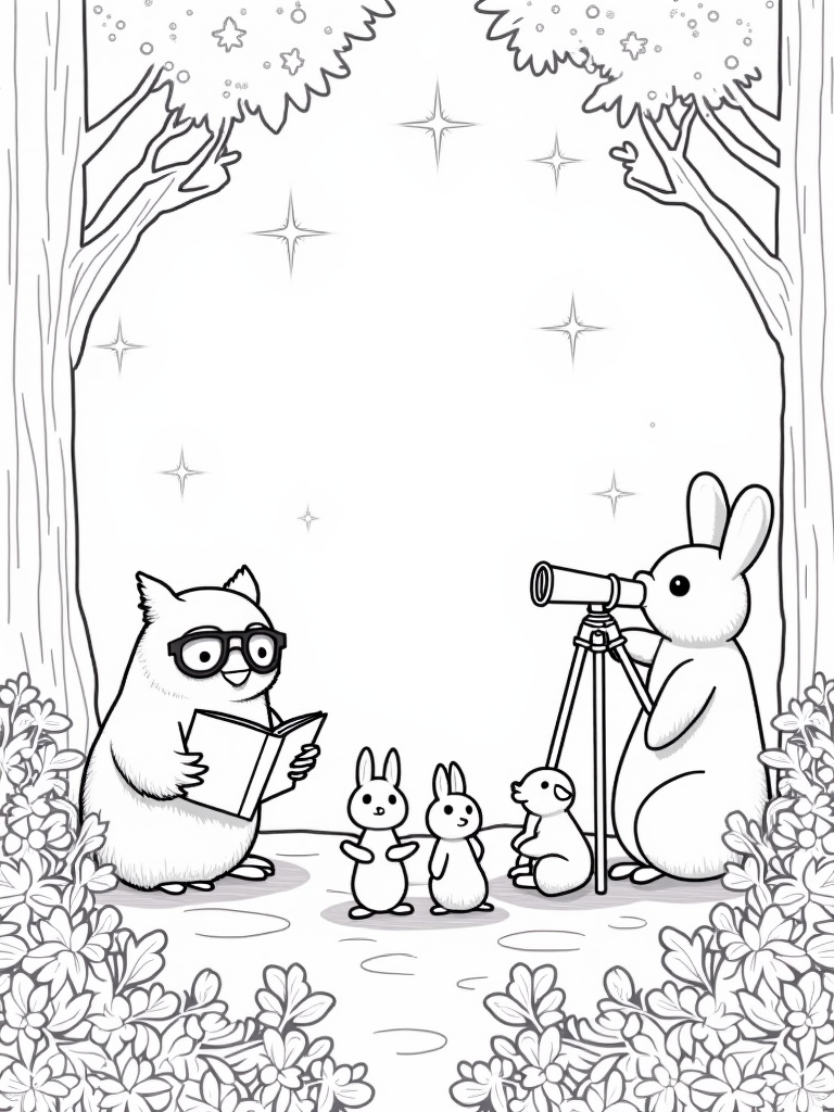 Owl reading with rabbits stargazing