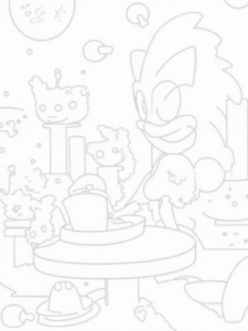 A coloring page of Super Sonic’s coffee break