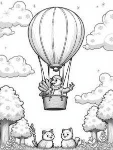 A coloring page of Turkey in a hot air balloon
