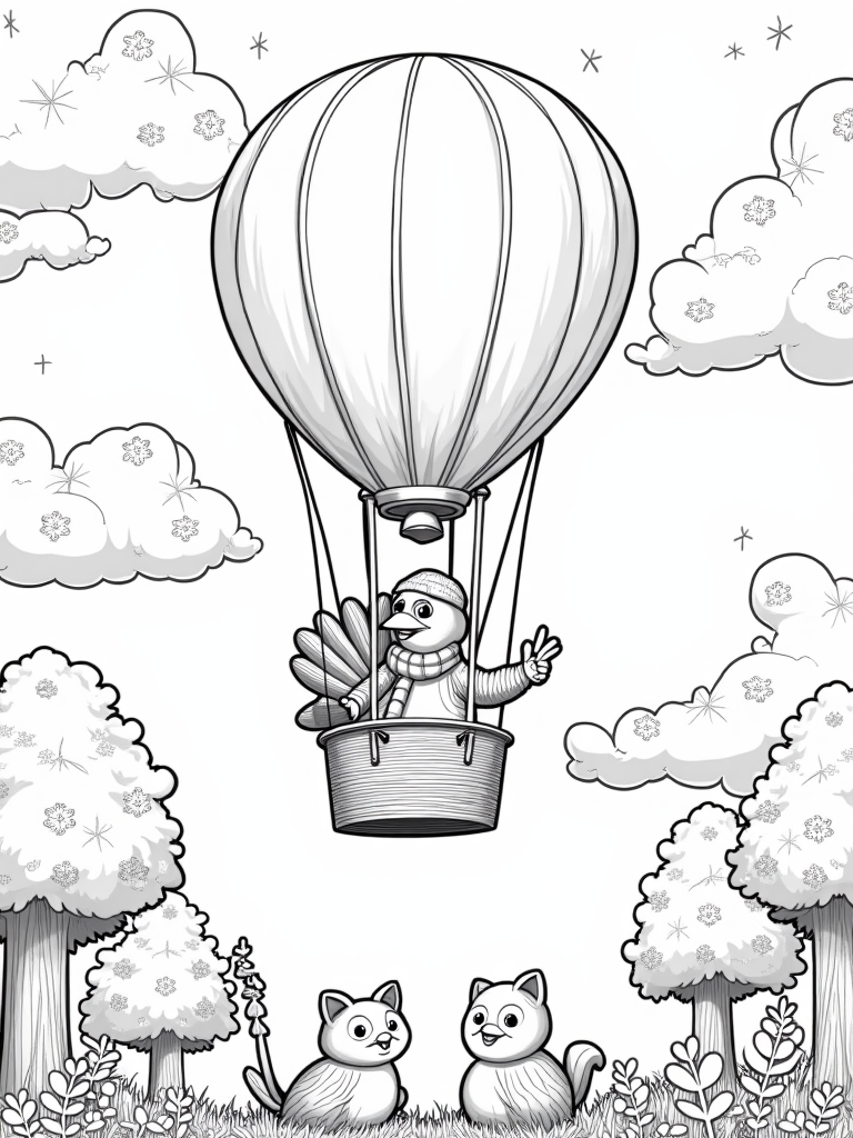 Turkey in a hot air balloon coloring pages