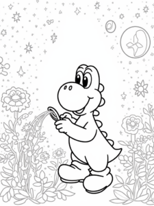 A coloring page of Yoshi watering magical flowers