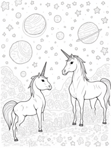 A coloring page of Unicorns at the Galactic Craft Fair