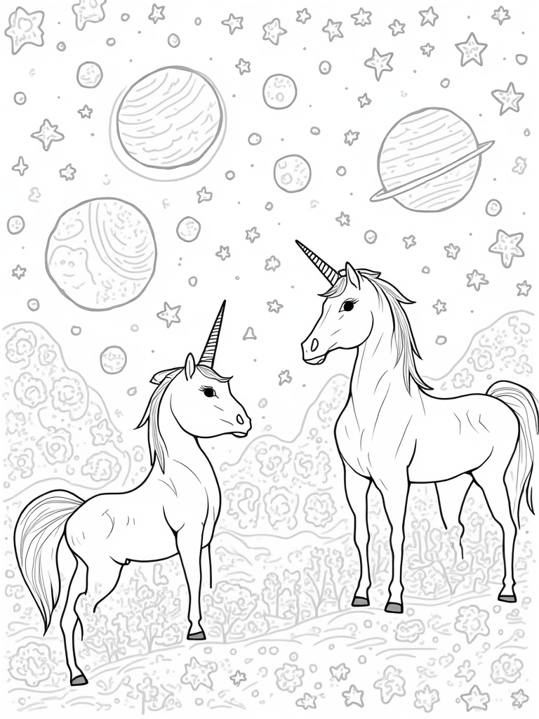 Unicorns at the Galactic Craft Fair coloring pages