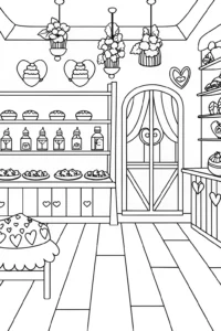 A coloring page of Enchanted love potion bakery