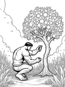 A coloring page of Hulk watering alien fruit trees