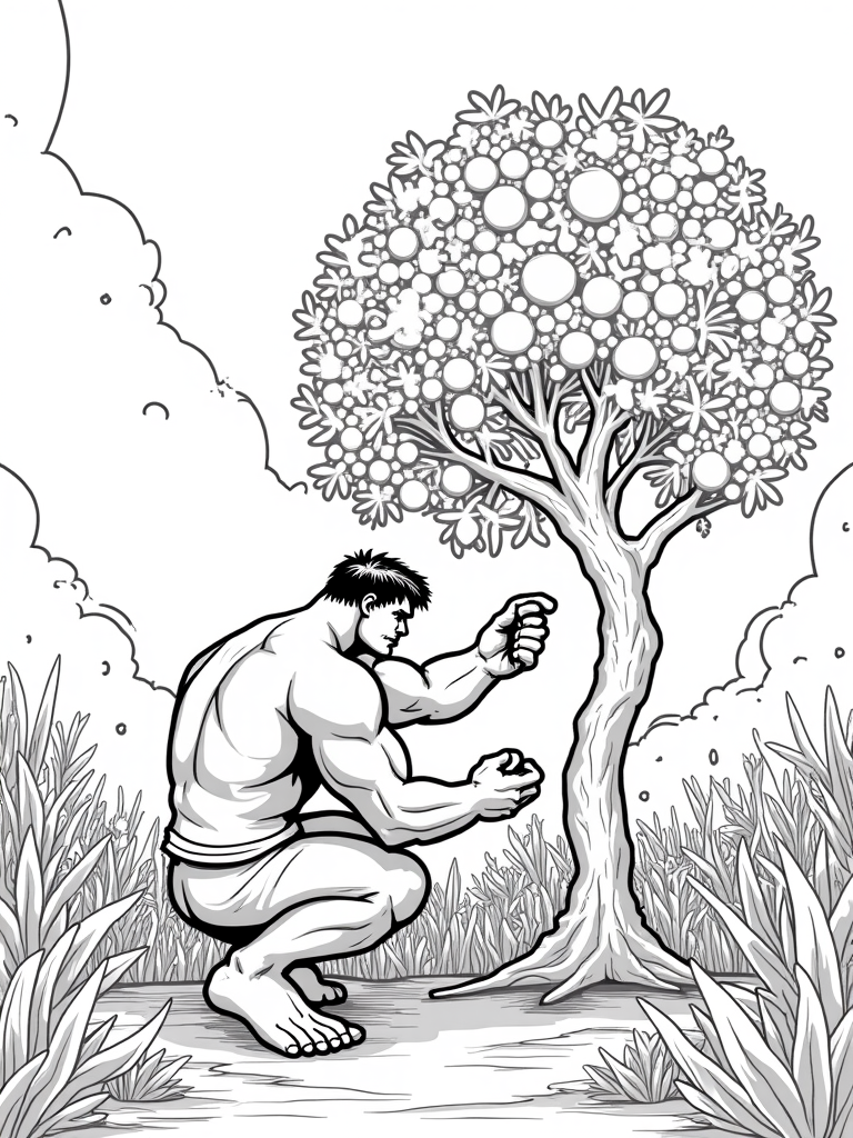 Hulk watering alien fruit trees coloring pages