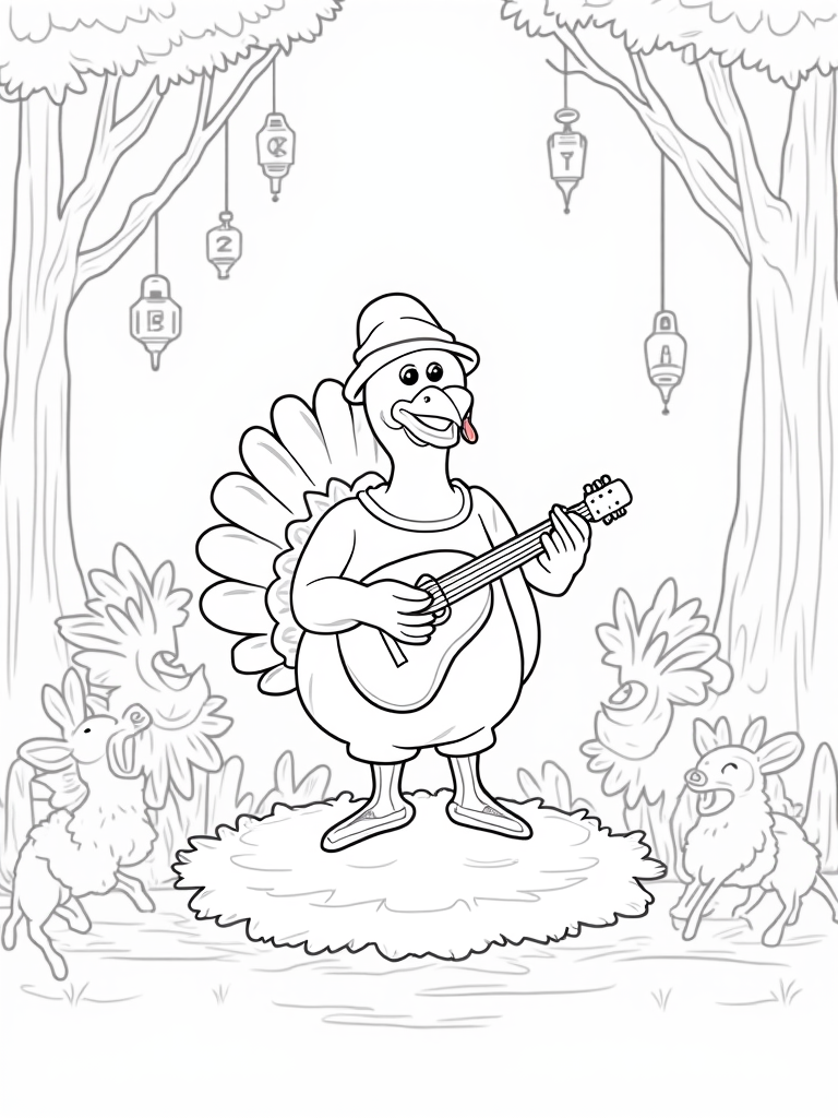 Turkey playing music in the forest coloring pages