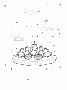 A coloring page of Unicorns having a celestial picnic