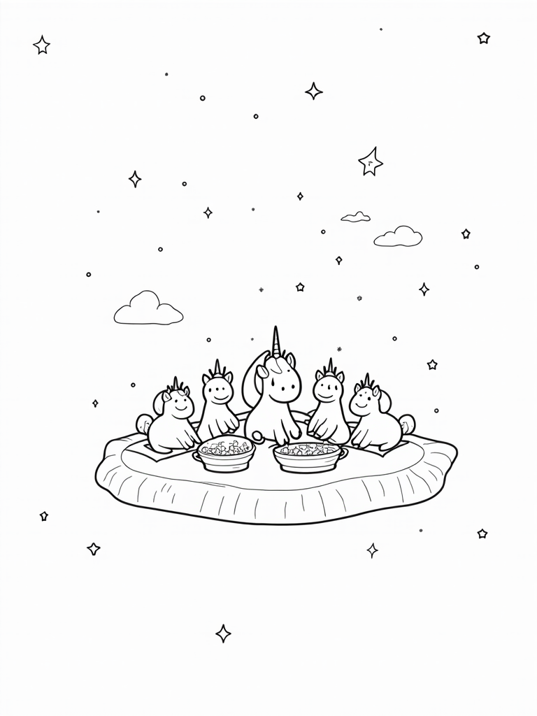 Unicorns having a celestial picnic coloring pages