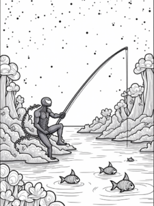 A coloring page of Venom fishing in a cosmic lake