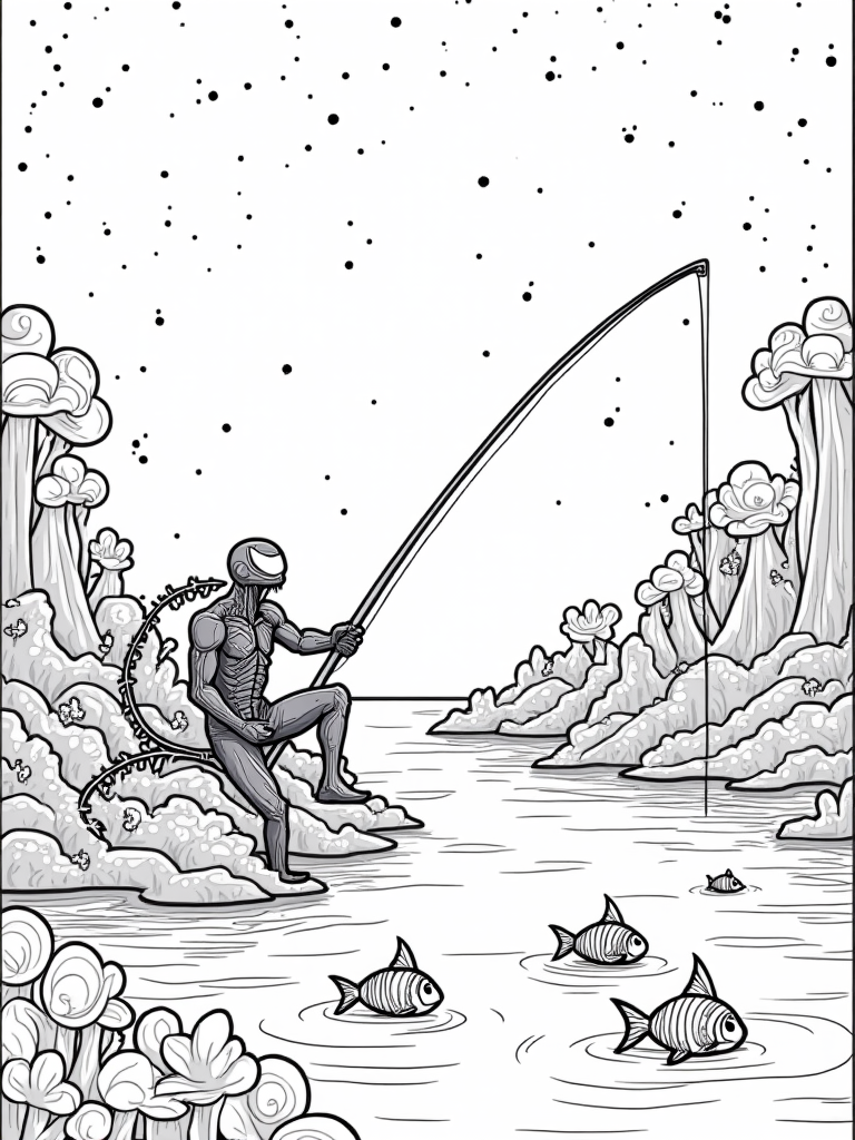 Venom fishing in a cosmic lake coloring pages