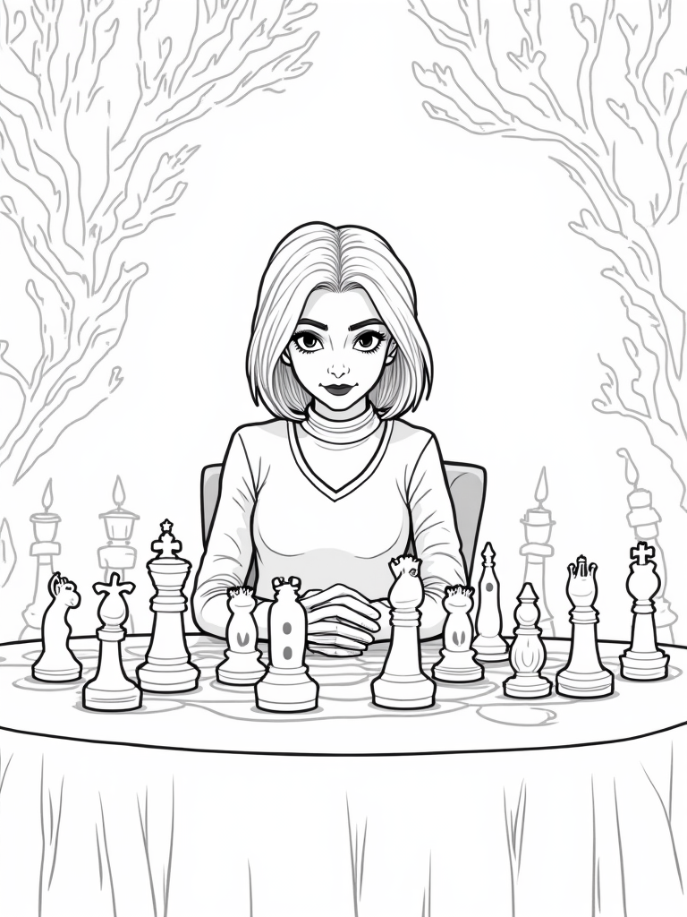 Wednesday Addams chess match coloring pages