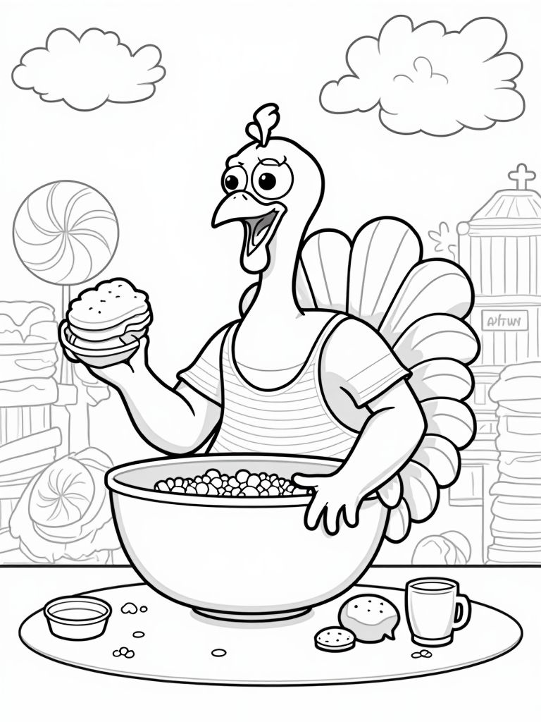 Turkey in a candy factory coloring pages