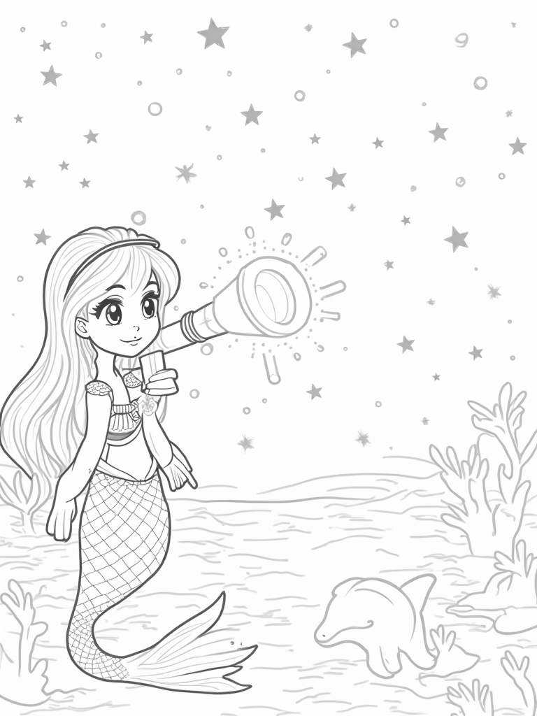 Mermaid astronomer scene coloring pages