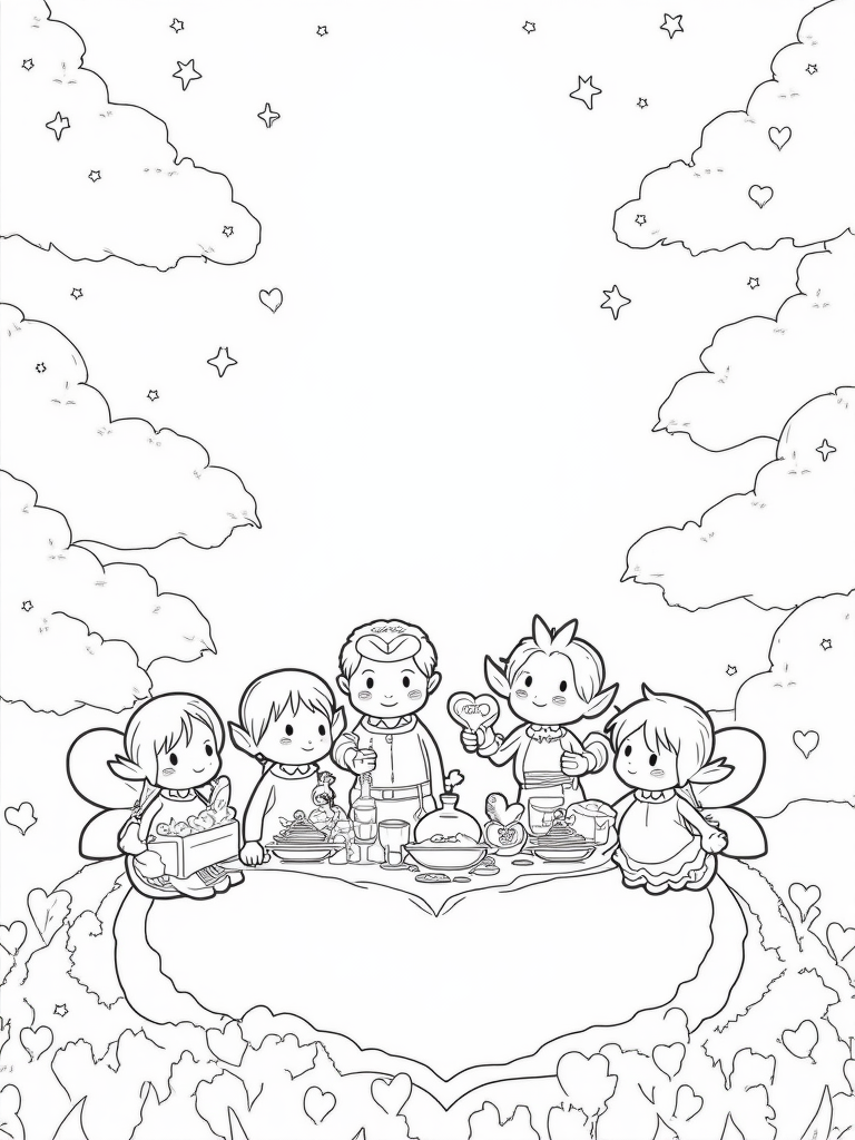 Fairies and elves picnic in the sky coloring pages