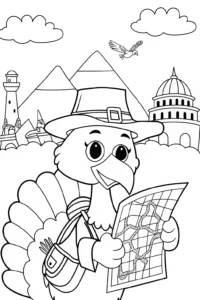A coloring page of Turkey Tom on a treasure map