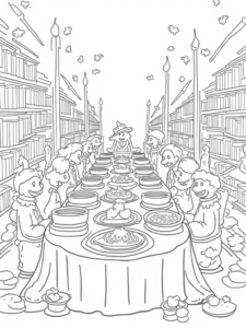 A coloring page of Thanksgiving in the enchanted library