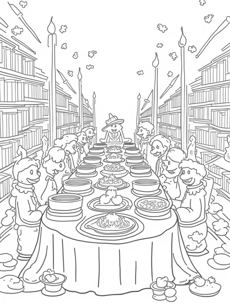 Thanksgiving in the enchanted library coloring pages