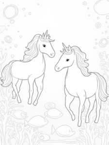 A coloring page of Unicorns exploring an aquarium