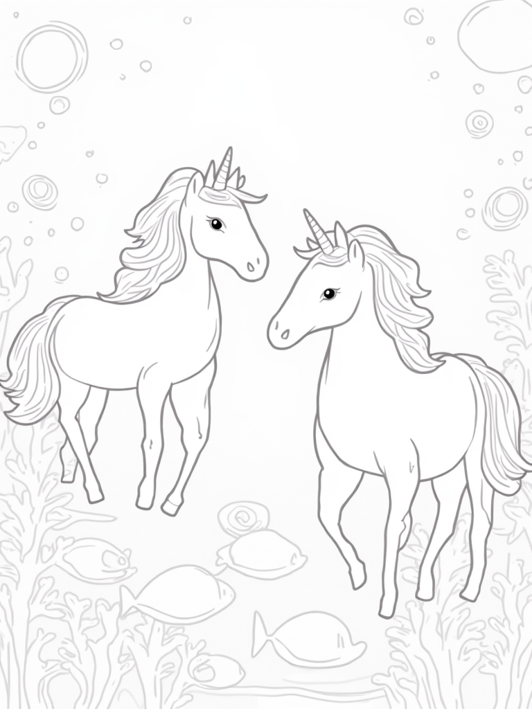 Unicorns exploring an aquarium coloring pages