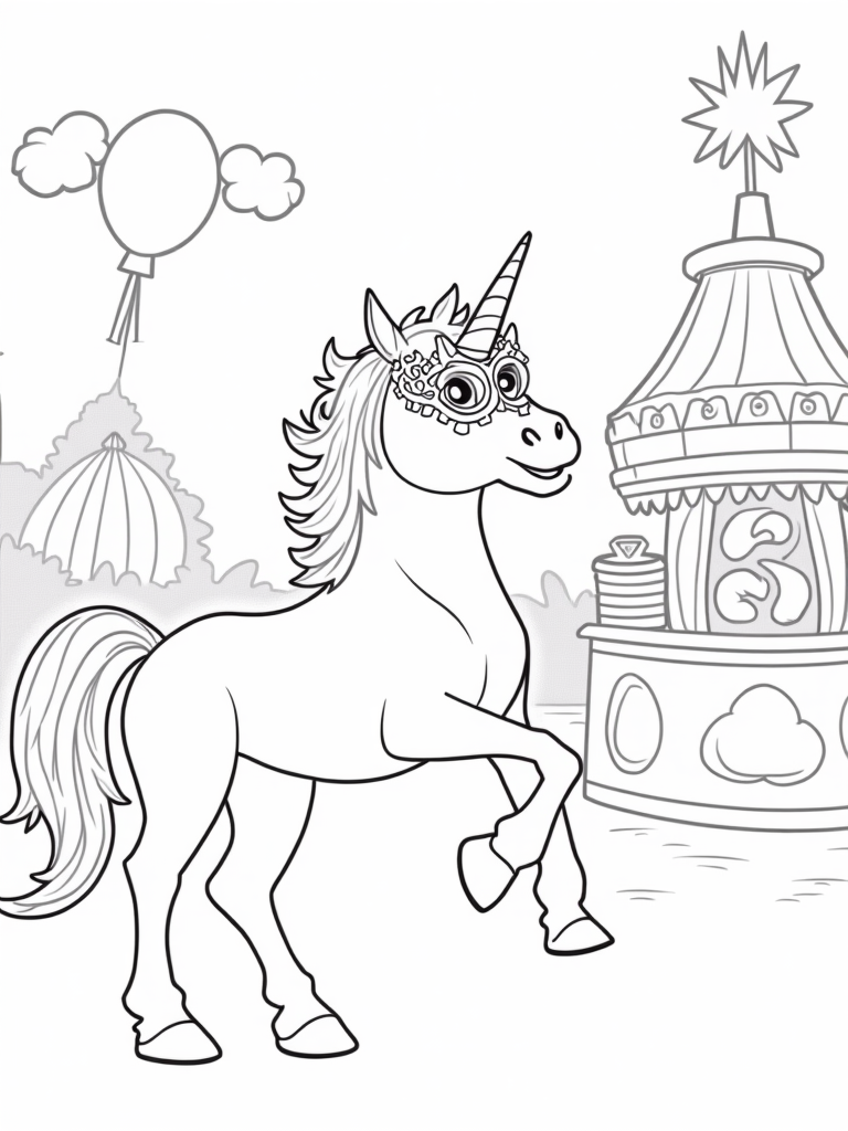 Unicorn at the carnival coloring pages