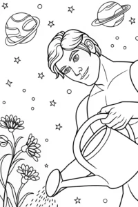 A coloring page of Hulk watering alien plants