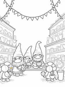 A coloring page of Love gnomes making gifts