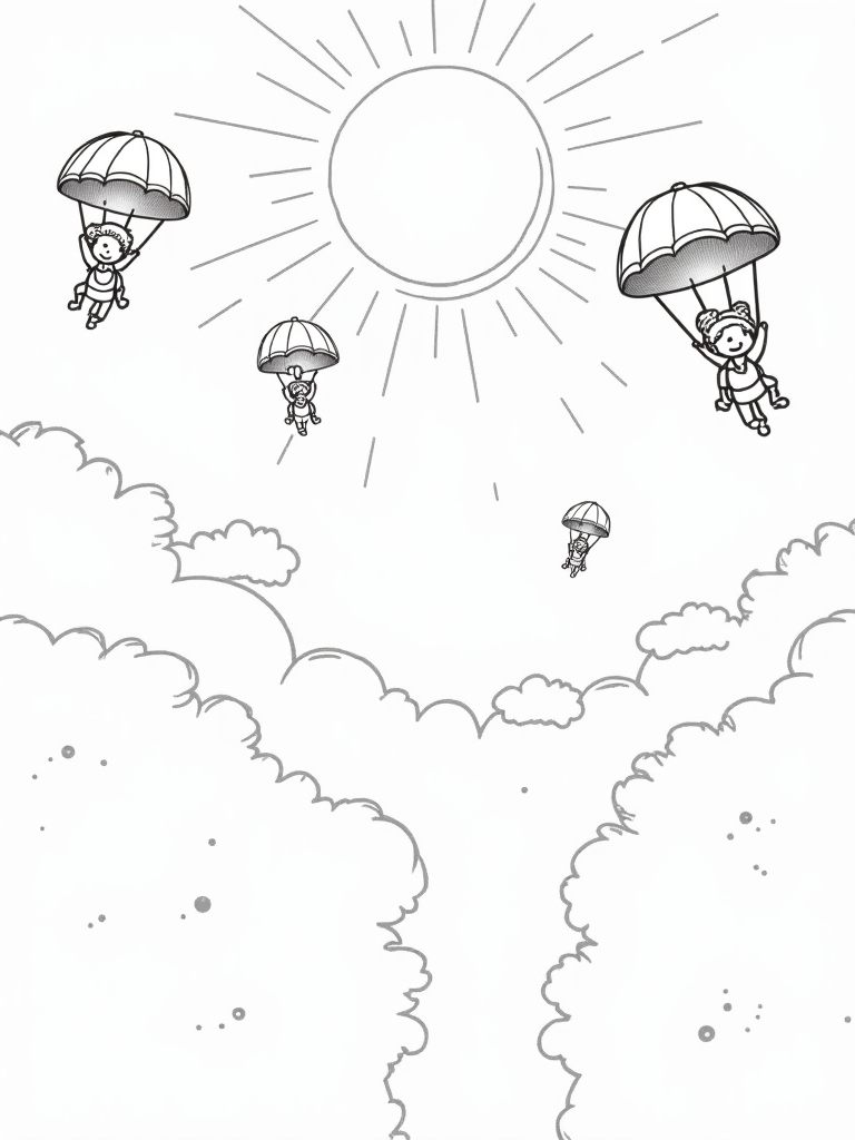 Children skydiving in summer sky