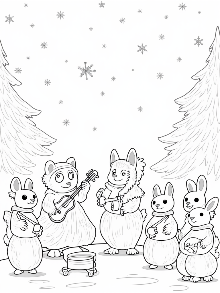 Animals playing music in the snow