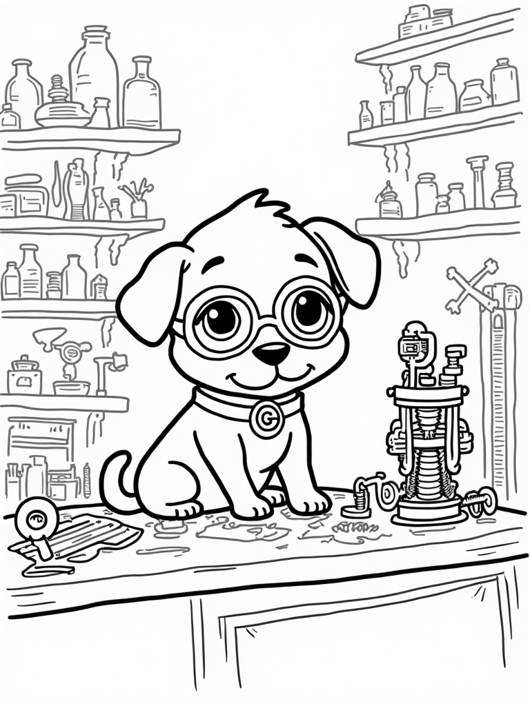 Puppy inventor in a workshop