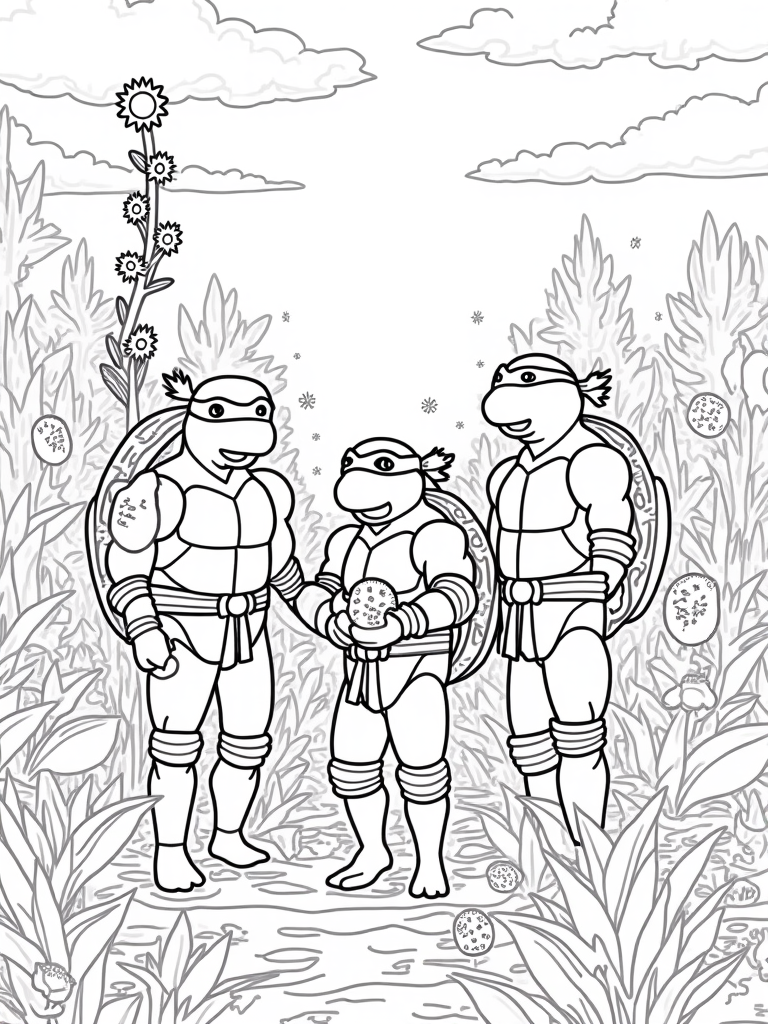 Teenage Mutant Ninja Turtles in a garden