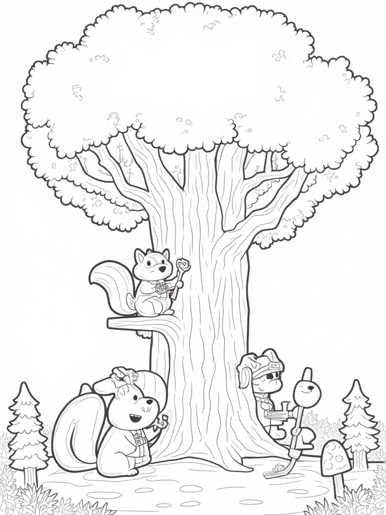 Animals building a treehouse
