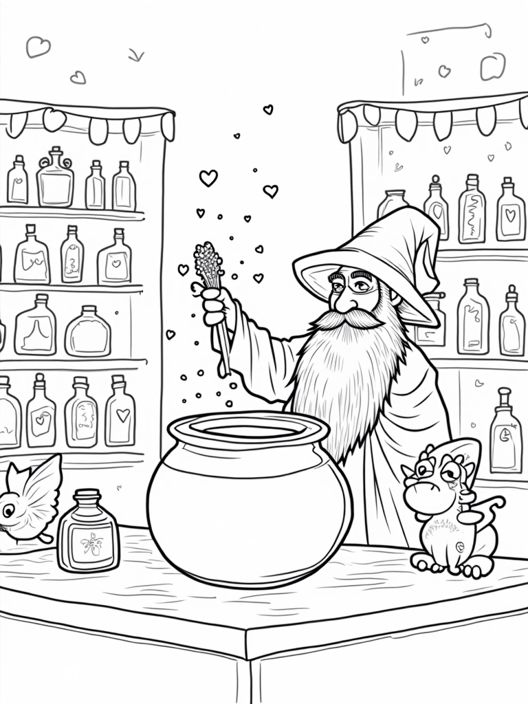 Wizard mixing love potions