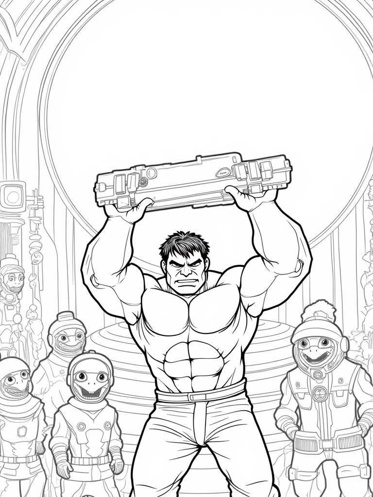 Hulk lifting a spaceship panel