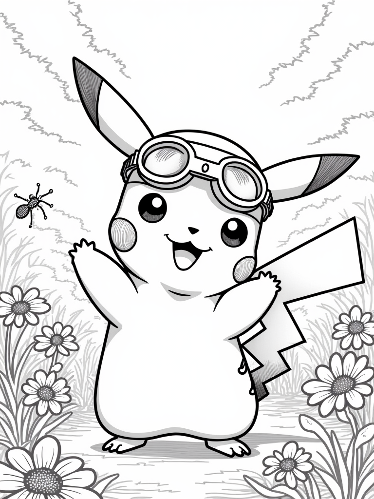 Pikachu inventing in the garden