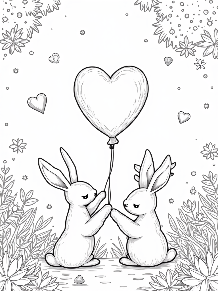 Rabbits holding a heart balloon