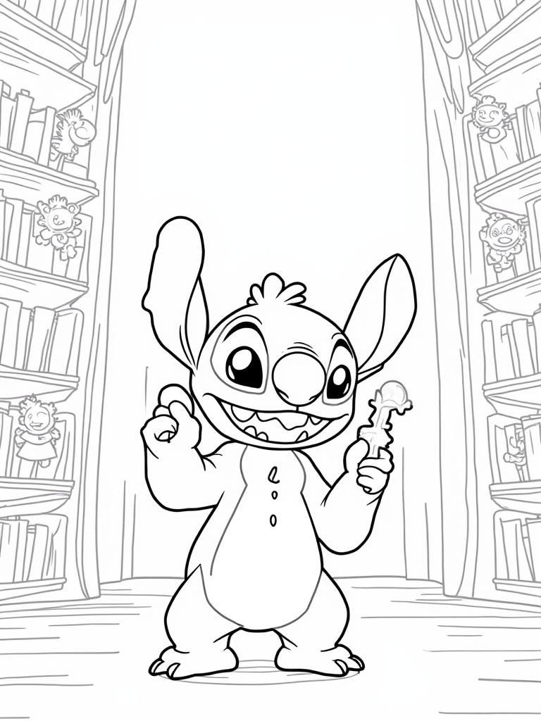 Stitch in a magical library