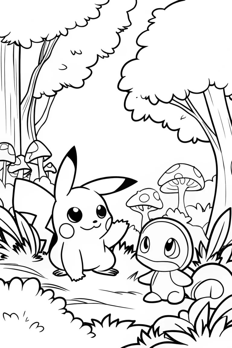 Pokémon exploring a magical forest Coloring Page - Free & Printable