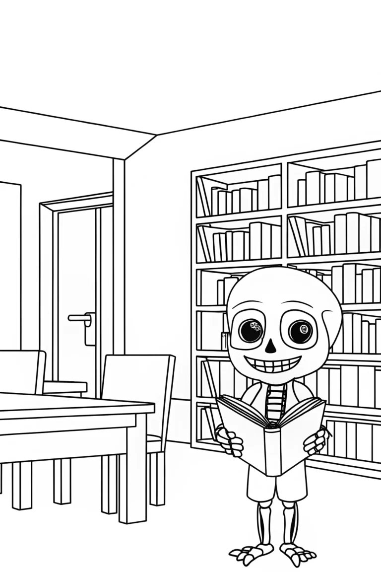 Library scene with a friendly skeleton Coloring Page - Free & Printable