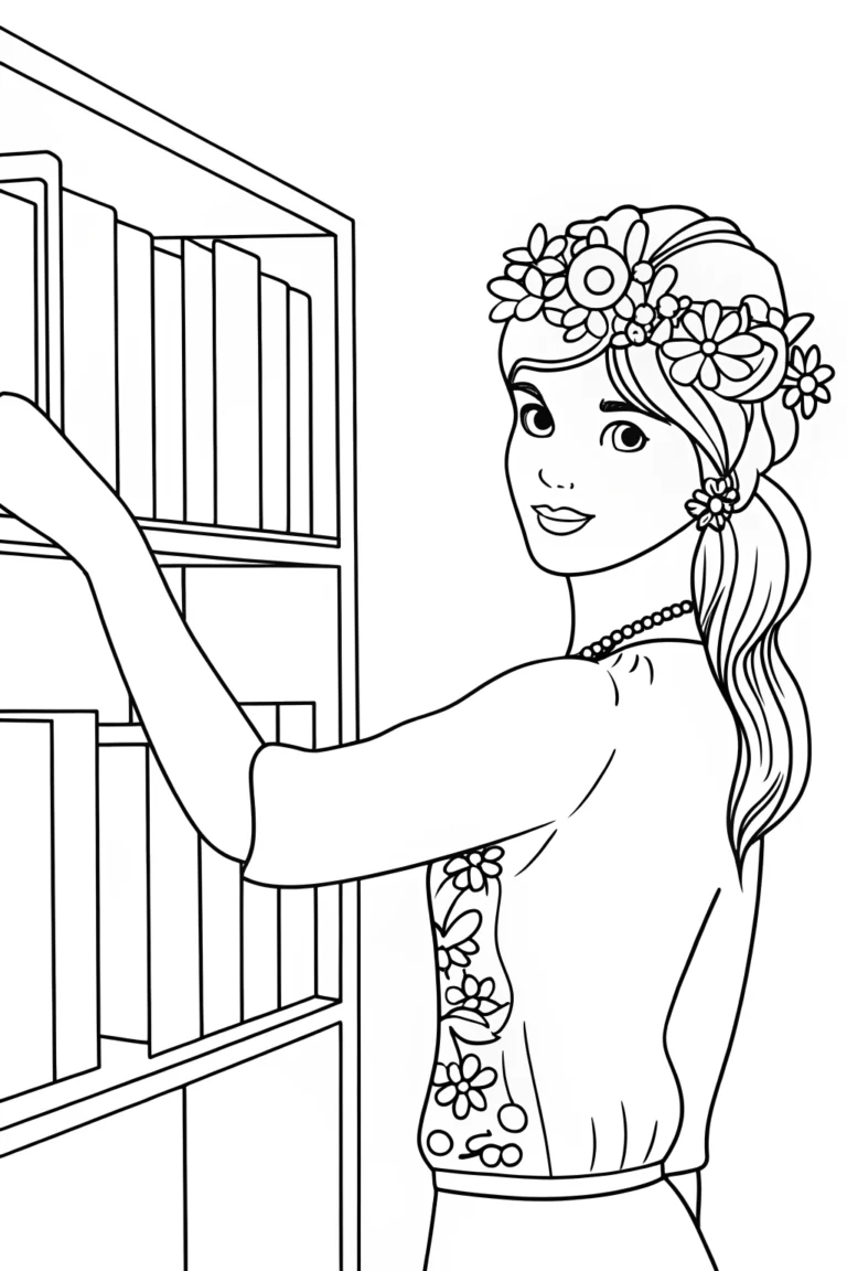 Color The Library Assistant Flower librarians organizing books Coloring Page - Free & Printable
