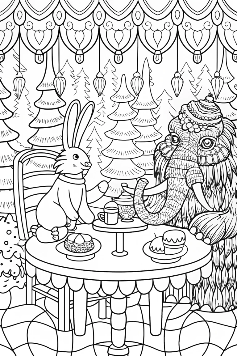 Rabbit and woolly mammoth tea party Coloring Page - Free & Printable