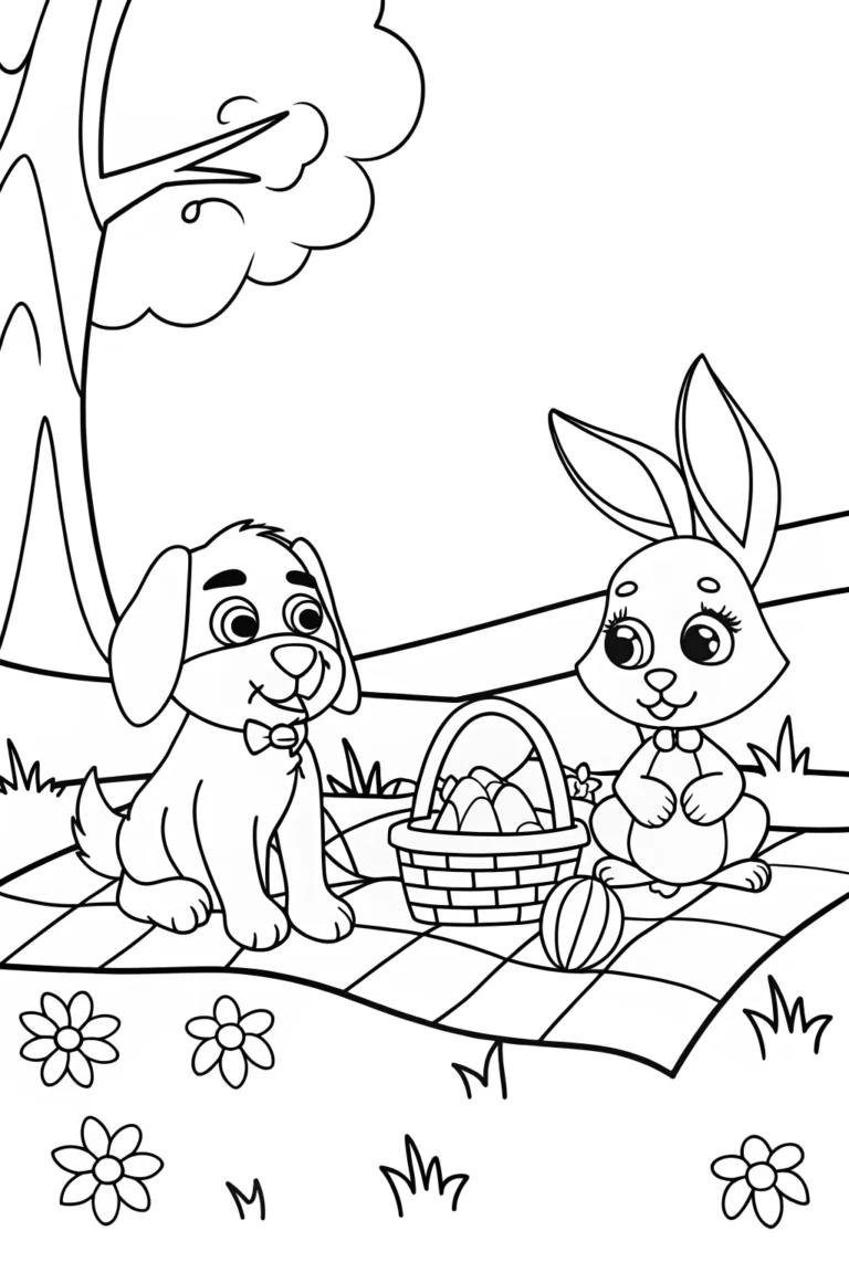 Dog and rabbit picnic adventure Coloring Page - Free & Printable