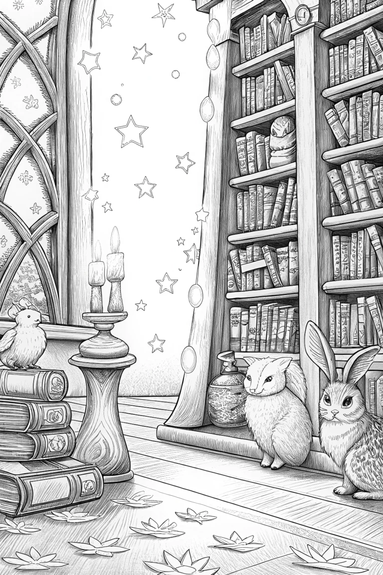 Animals in the enchanted library Coloring Page - Free & Printable