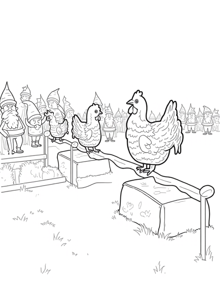Chickens in a quirky obstacle course Coloring Page Free & Printable