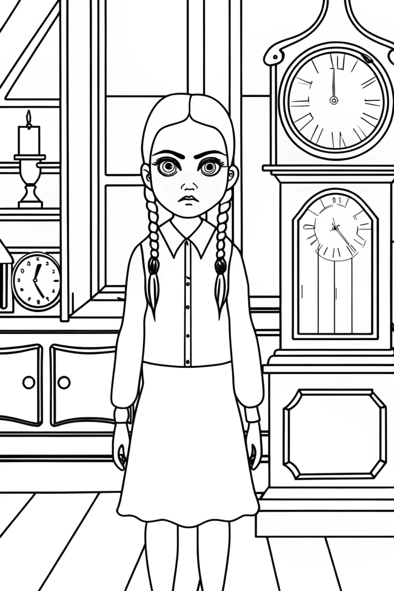 Wednesday Addams in a clock shop Coloring Page