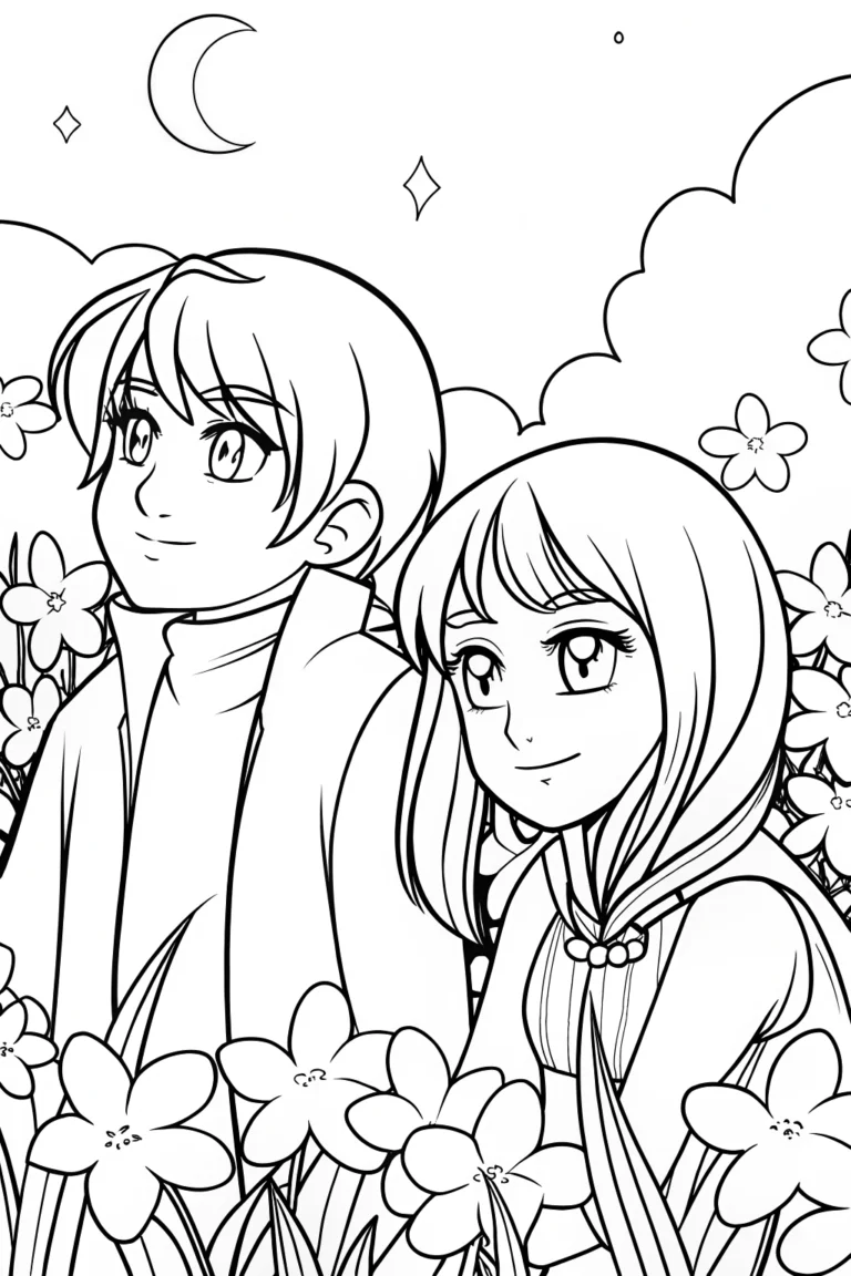 Anime characters in a celestial garden Coloring Page - Free & Printable