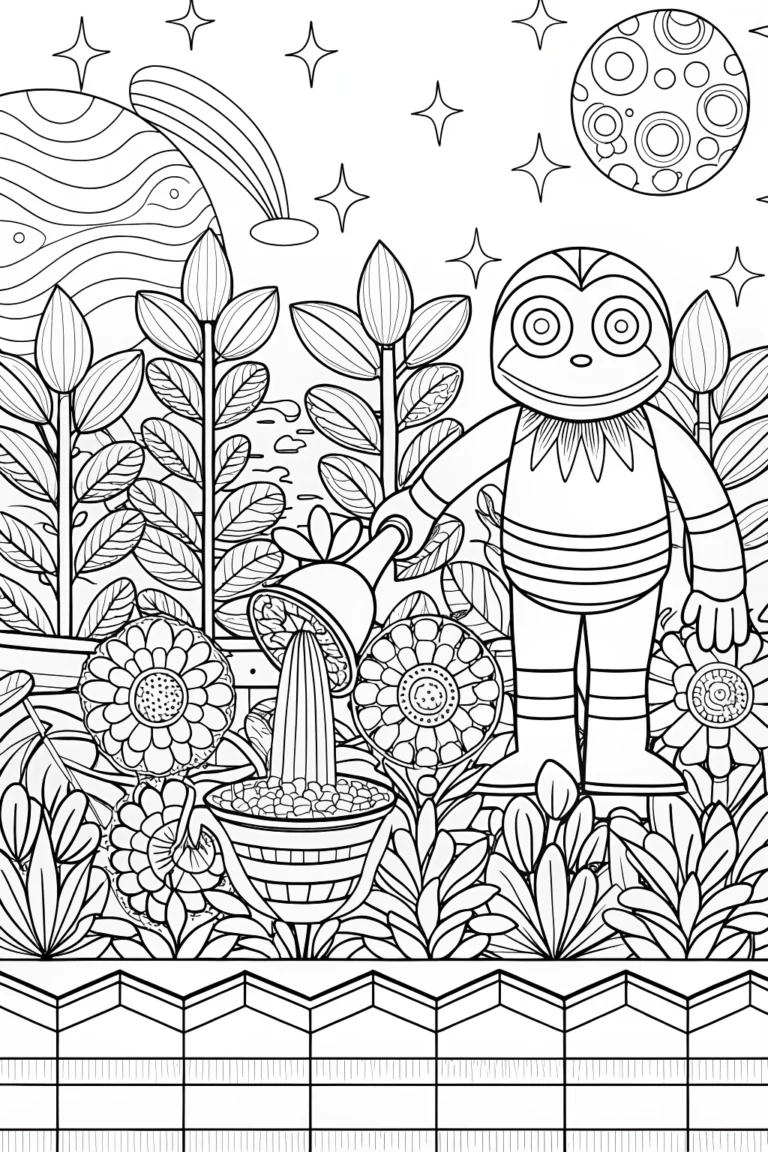 Monster tending a cosmic garden Coloring Page - Free & Printable