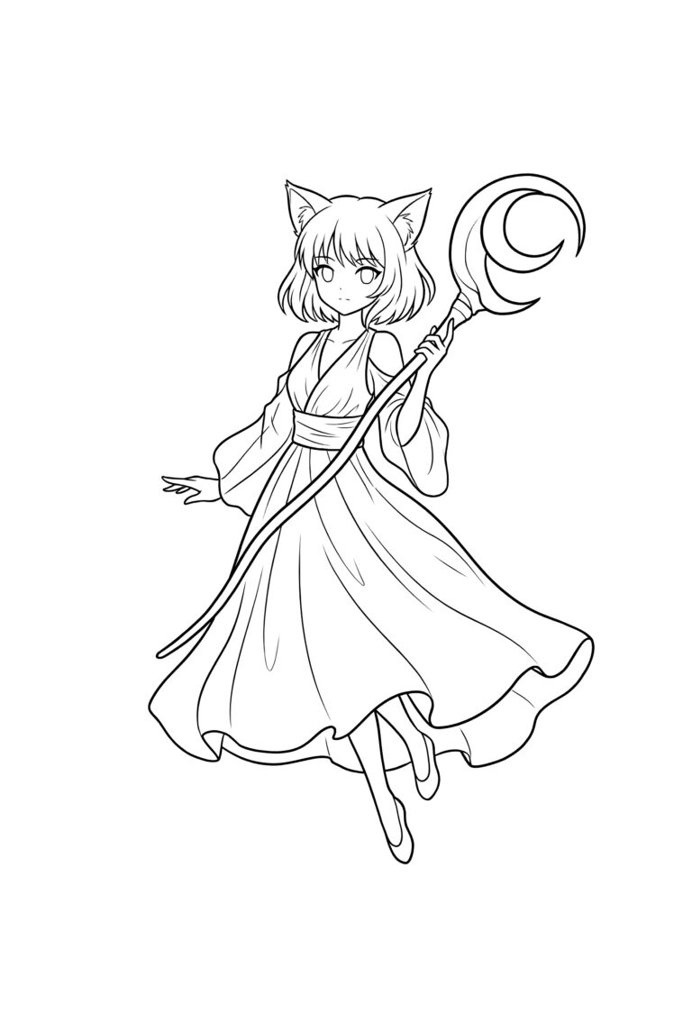 Magical Anime Kitty Coloring Page - Free &amp; Printable
